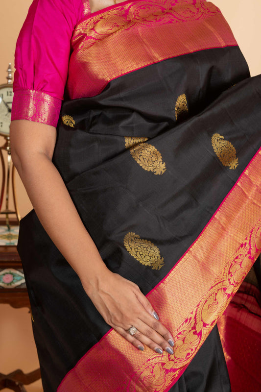 Black and pink combination silk saree.