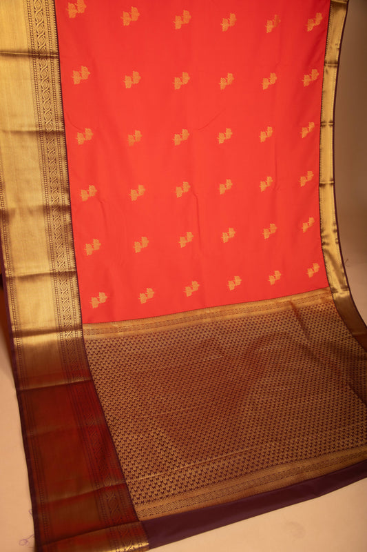 Bright orange and Hickory Brown kanchi semi silk saree