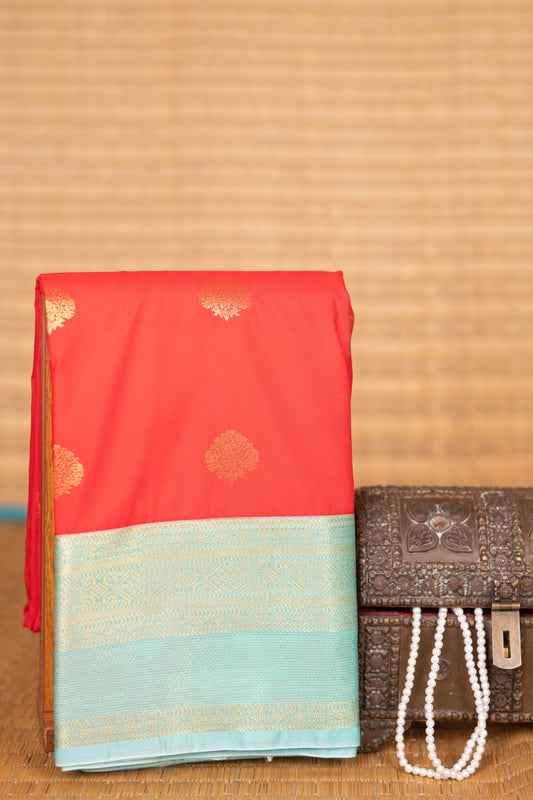 Red Orange and Pastel Blue semi silk saree