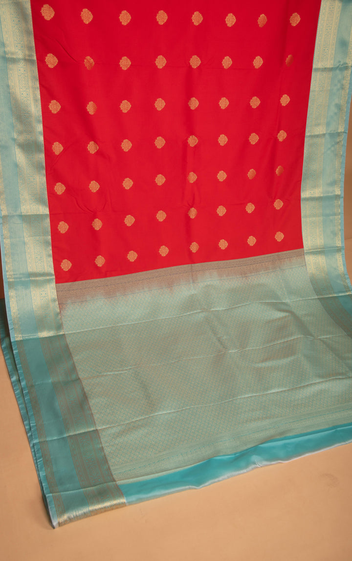 Red Orange and Pastel Blue semi silk saree