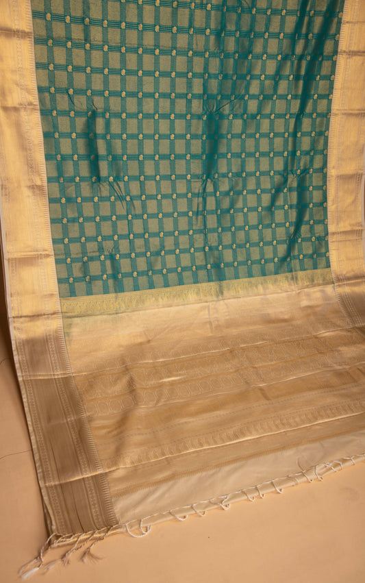 Teal green and Off white soft silk saree