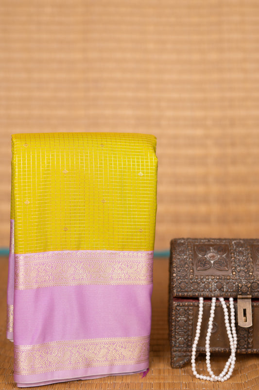 Chartreuse green and Lilac soft silk saree