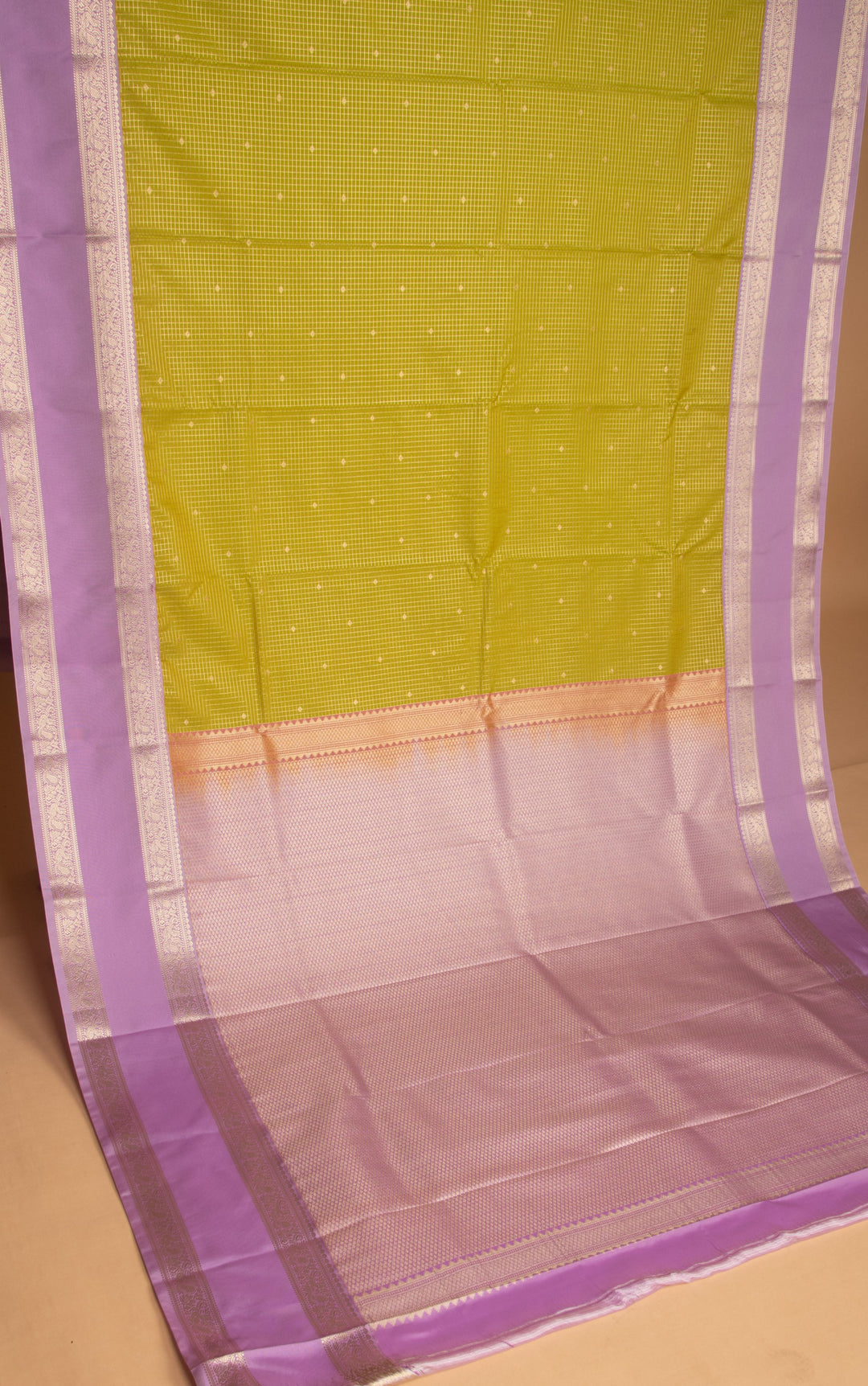 Chartreuse green and Lilac soft silk saree