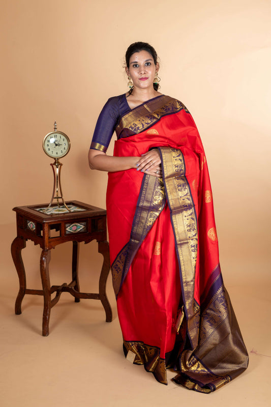 Red and Blue kanchipuram silk Saree