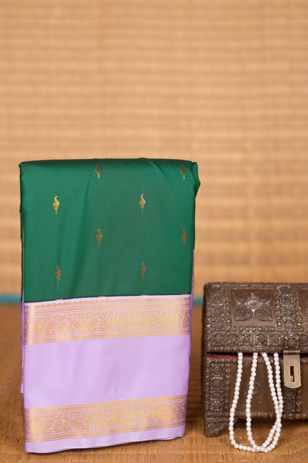 Pine green and Pastel Lavender Retta Patta Border semi silk saree