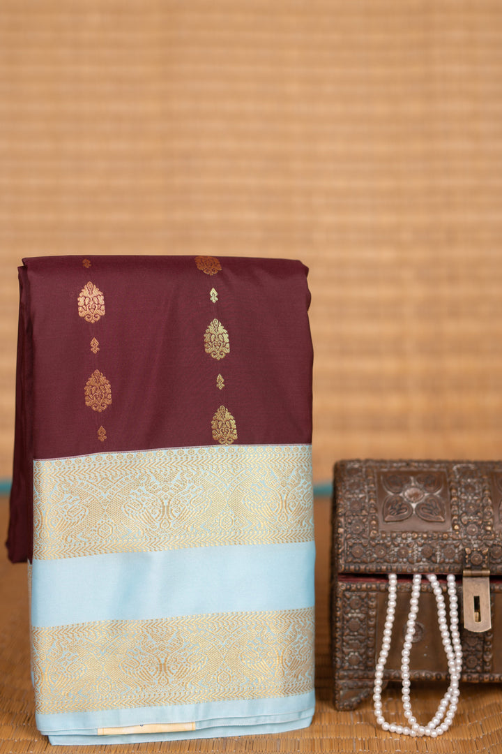 Wine Brown and Sky blue Retta Patta Border semi silk saree