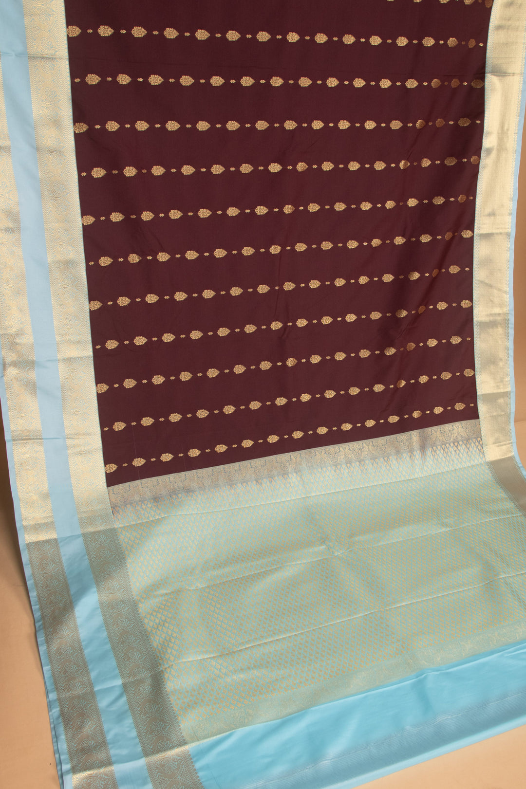 Wine Brown and Sky blue Retta Patta Border semi silk saree