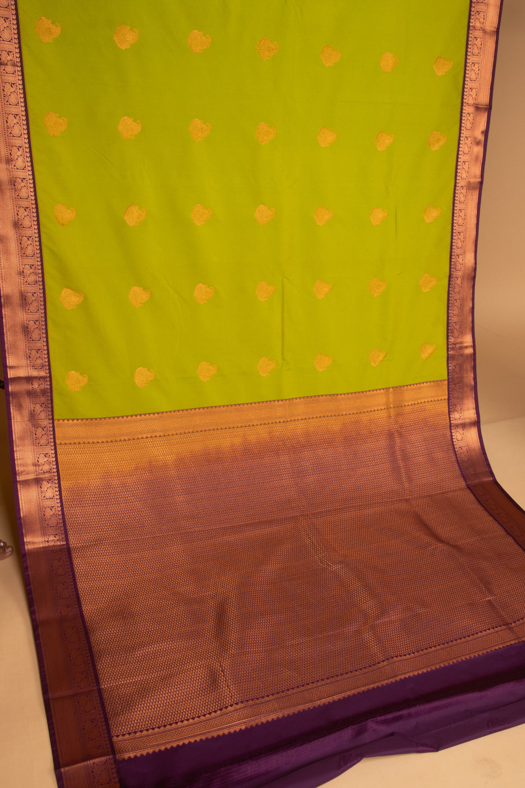 Chartreuse green and Palatinate purple Korvai semi silk saree