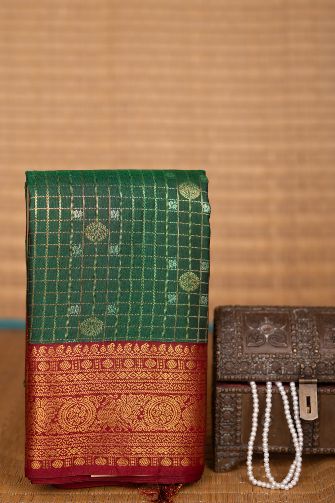 Bottle Green and Maroon Checked soft silk saree
