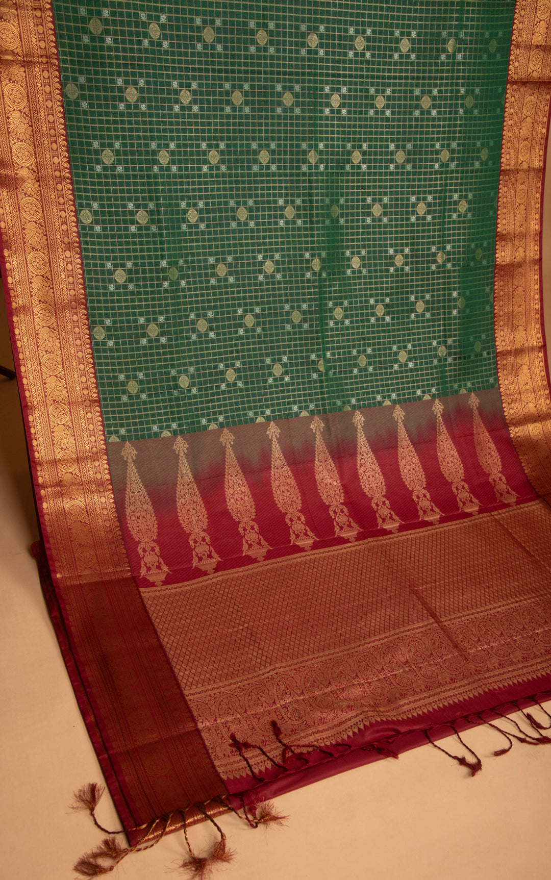 Bottle Green and Maroon Checked soft silk saree