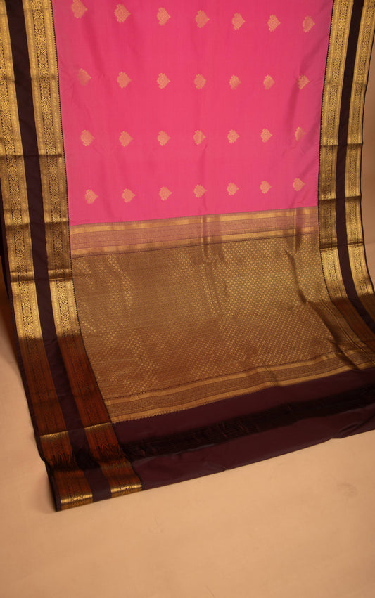 Rose Pink and Dark Chocolate Brown Butta semi silk saree
