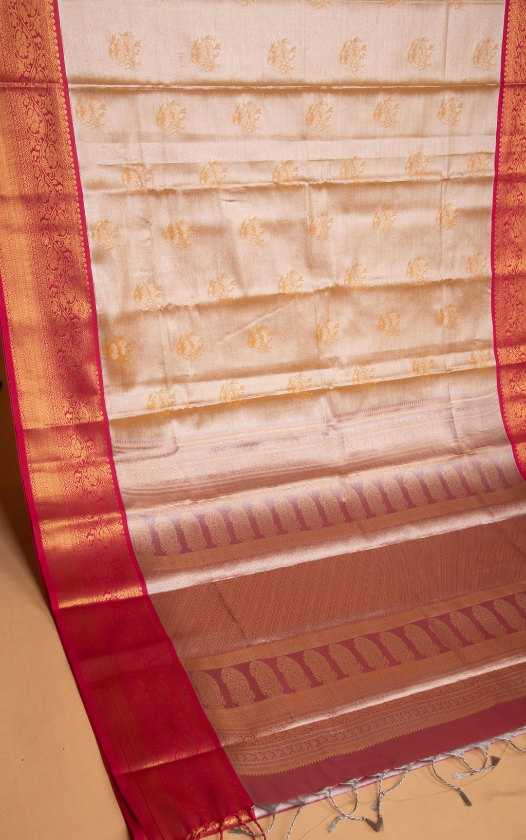 Golden Orange and Pink Tissue silk saree