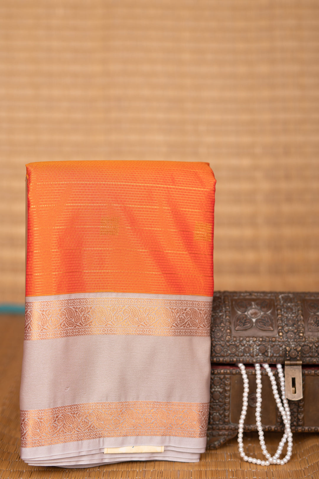 Papaya Orange and Cement grey Vairaoosi semi silk saree