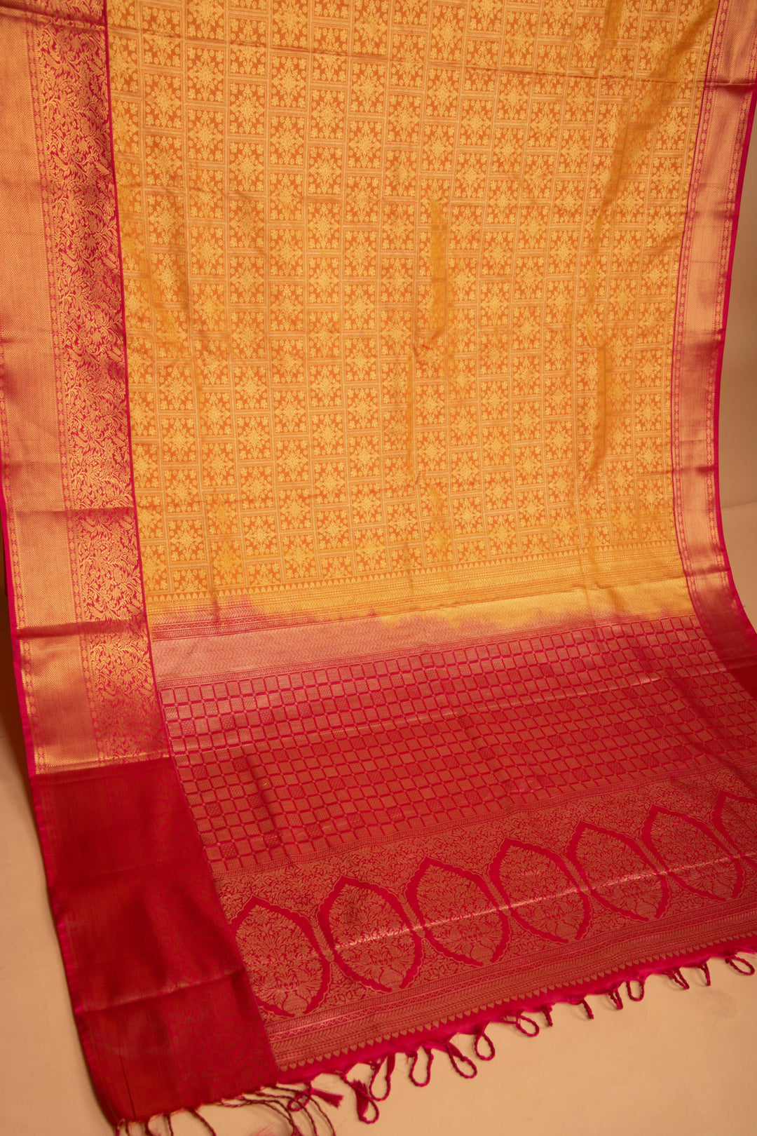 yellow Orange and Pink Designer soft silk saree