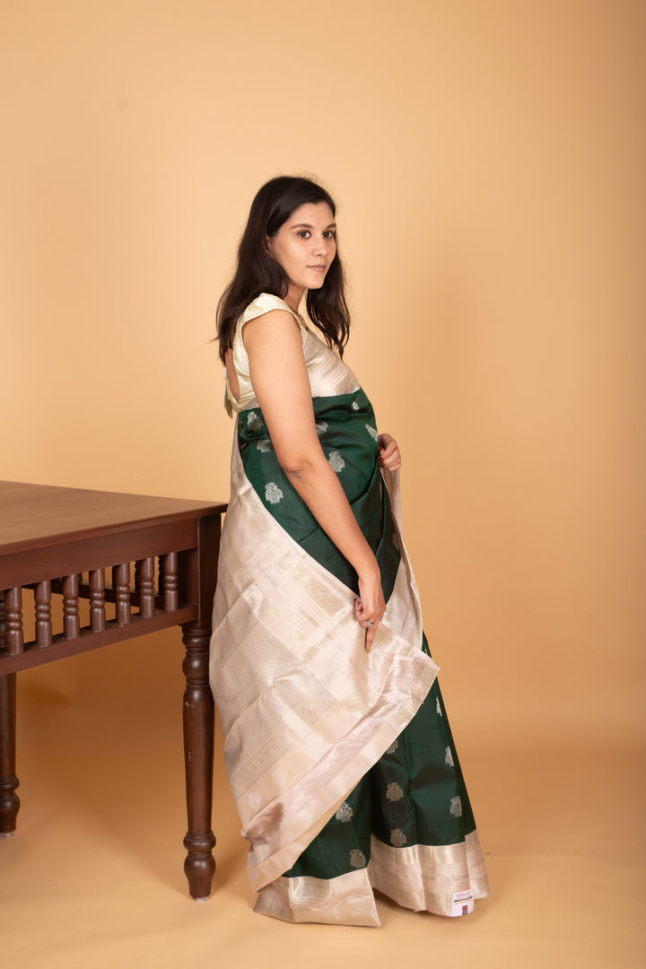 Bottle Green and Dusky white Retta Patta Border pure kanchi silk saree