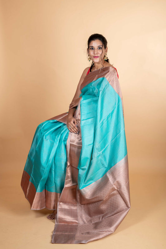 Turqouise Multistrip pure silk saree