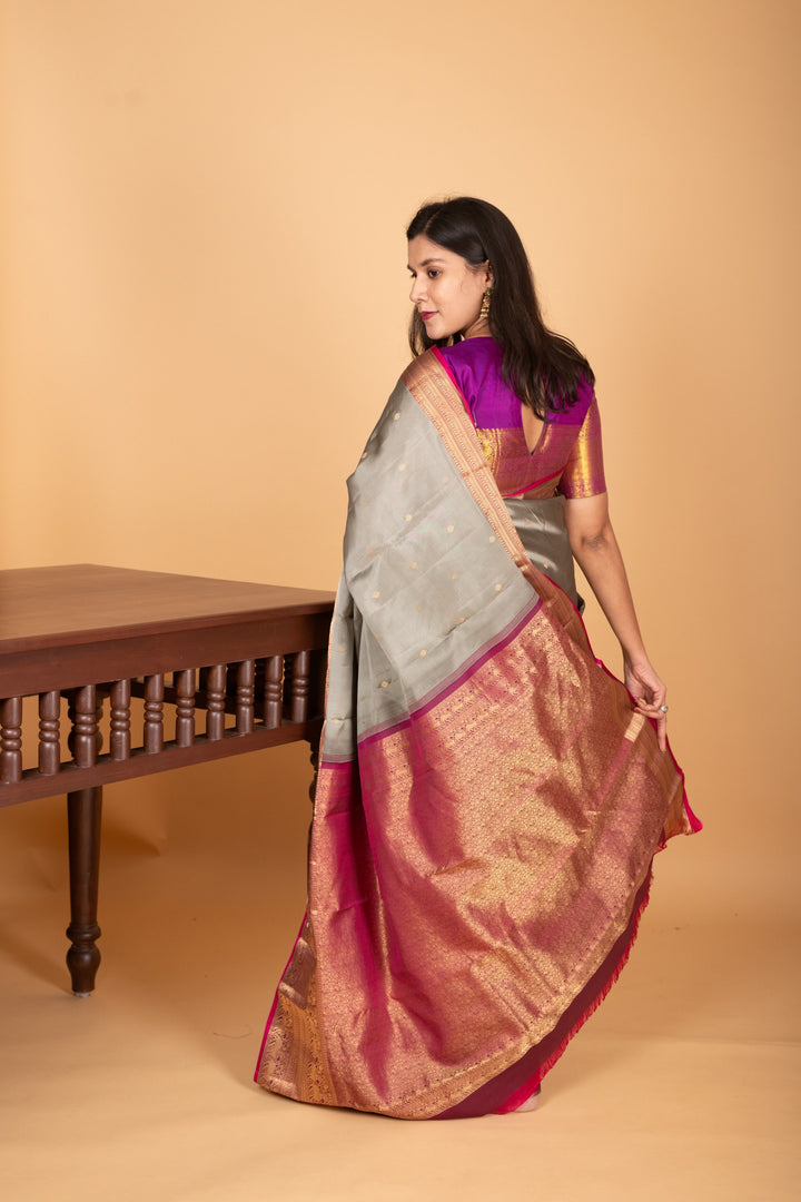 Zinc grey and Wildberry Big Border pure kanchi silk saree