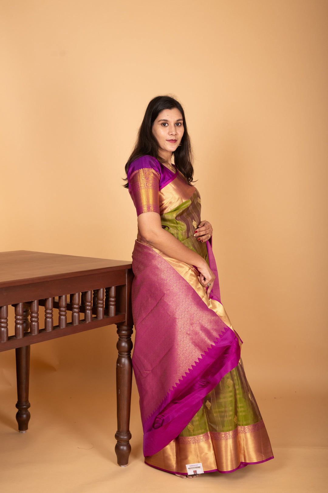 Dual Tone green and Magenta checked pure kanjivaram silk saree