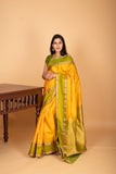 Royal Yellow and Dual Tone Green Retta Patta Border pure kanchi silk saree