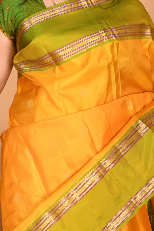 Royal Yellow and Dual Tone Green Retta Patta Border pure kanchi silk saree