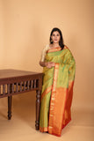 Dual Tone Green and Dual Tone Orange Small Border kanchi pure silk saree