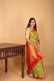 Dual Tone Green and Dual Tone Orange Small Border kanchi pure silk saree
