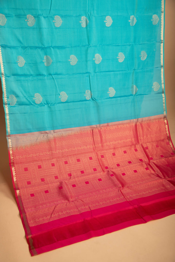 Aqua Blue and Reddish Pink Butta Pure Touch silk saree