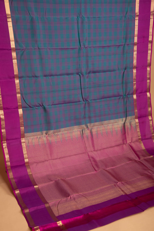 Peacock Green and Purple Checked Pure Touch silk saree