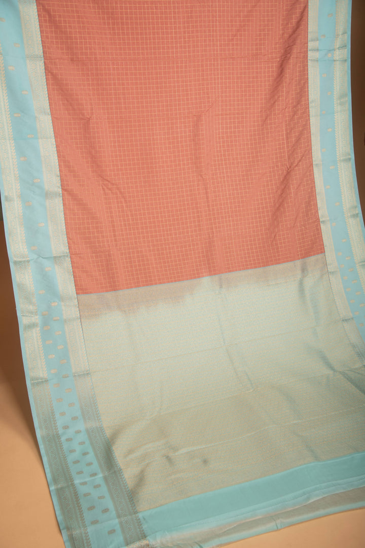 Velvet Rose and Light Blue Checked Retta Patta semi silk saree