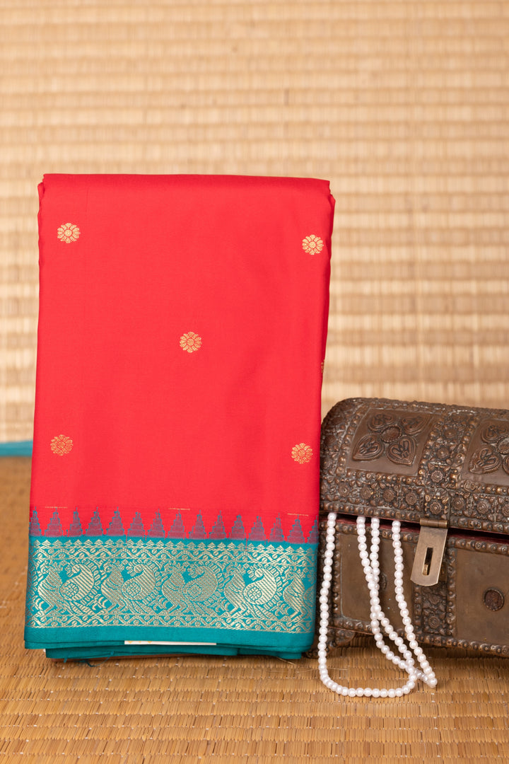 Milagai Pazham and Teal Green Small Border semi silk saree