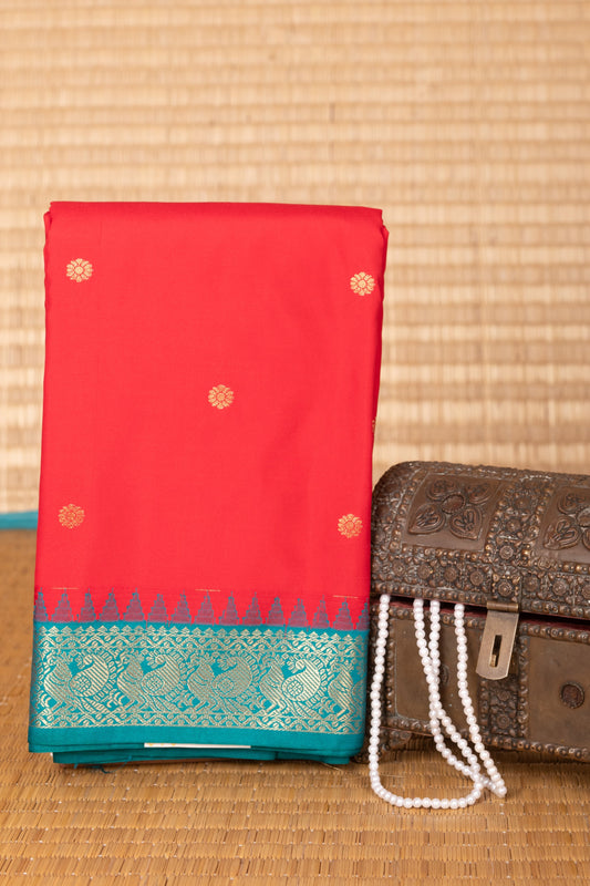 Milagai Pazham and Teal Green Small Border semi silk saree