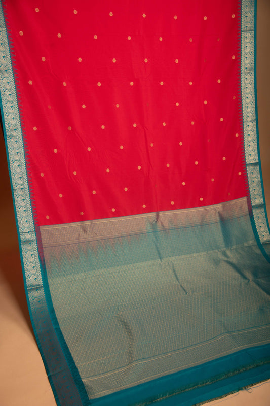 Milagai Pazham and Teal Green Small Border semi silk saree