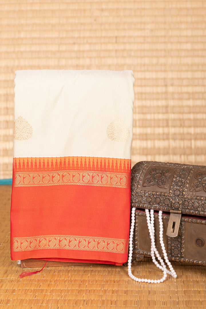 Pastel Green and Papaya Orange Koravi semi silk saree