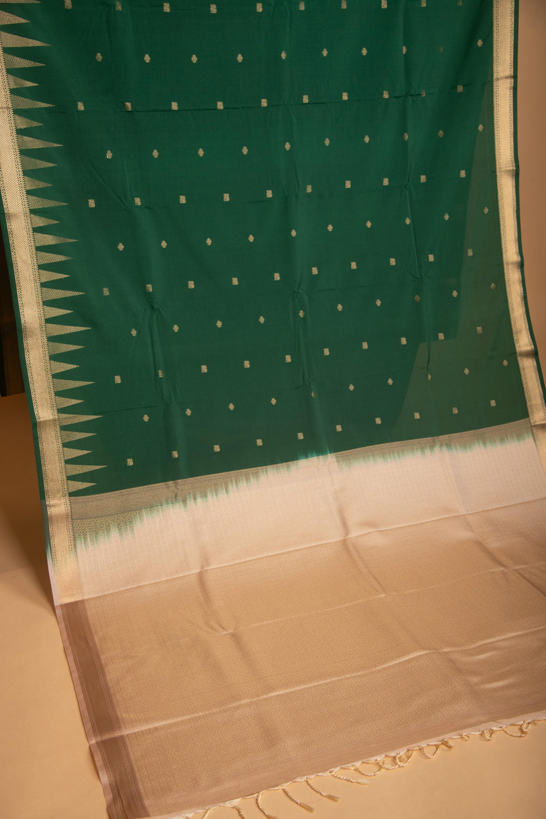 Forest Green and Beige Temple Border soft silk saree