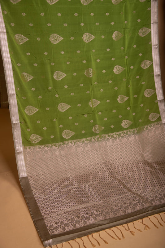 Pear green and Greenish Grey Small Border semi silk saree)