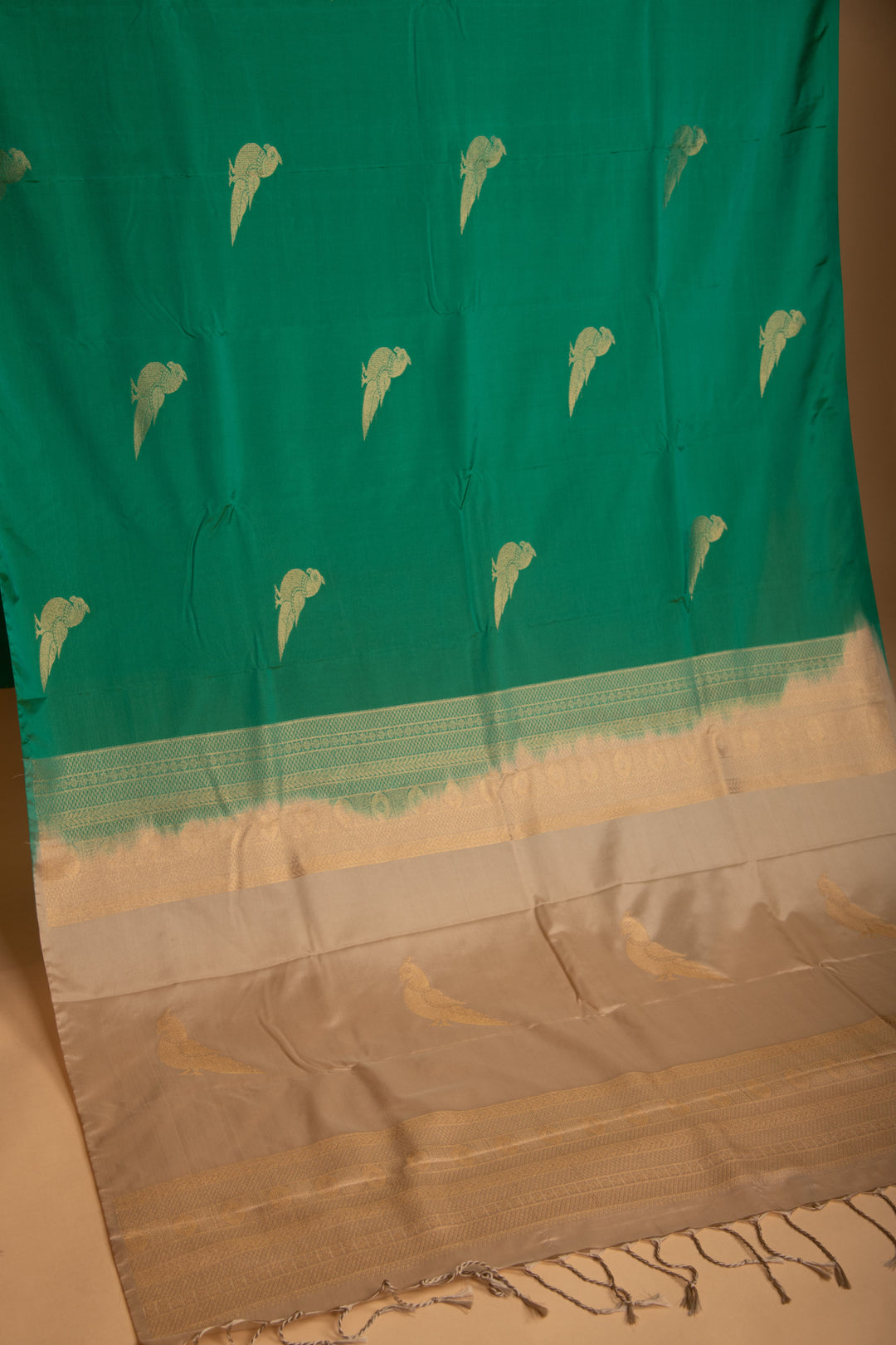 Emerald Green and Beige Borderless soft silk saree