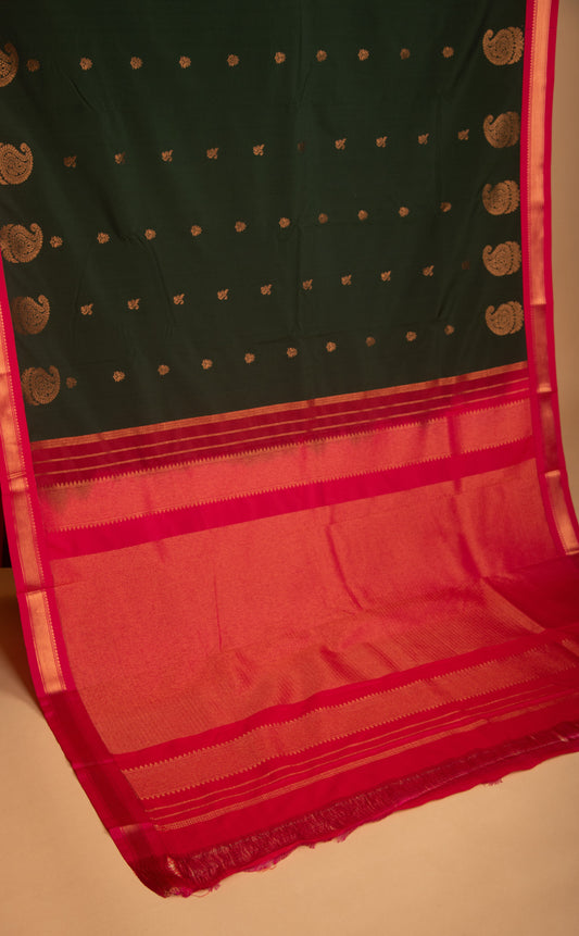 Bottle Green and Rani Pink Small Border silk saree