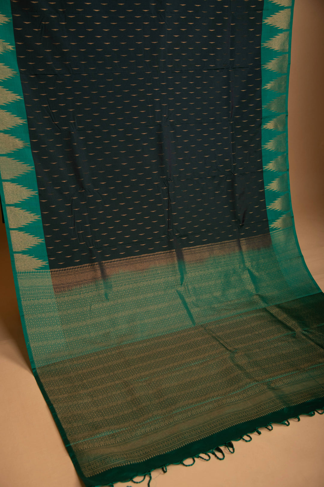 Bottle Green and Emerald Green Temple Border soft silk saree