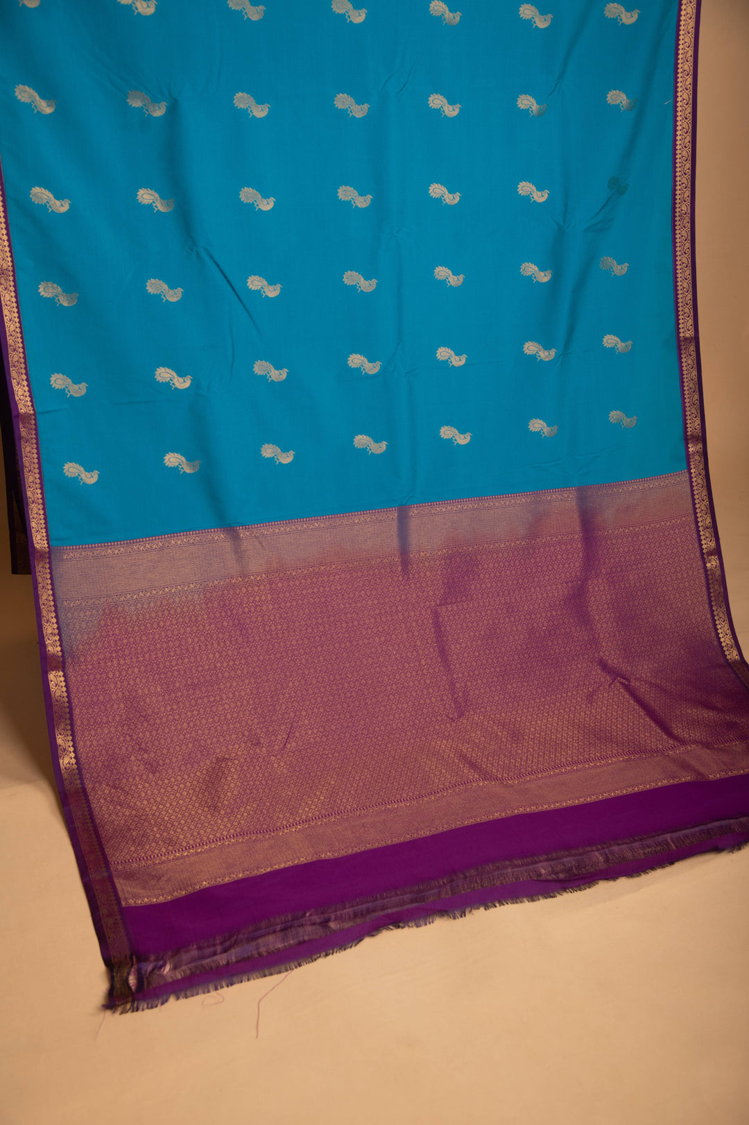 Peacock Blue and purple Small Border silk saree