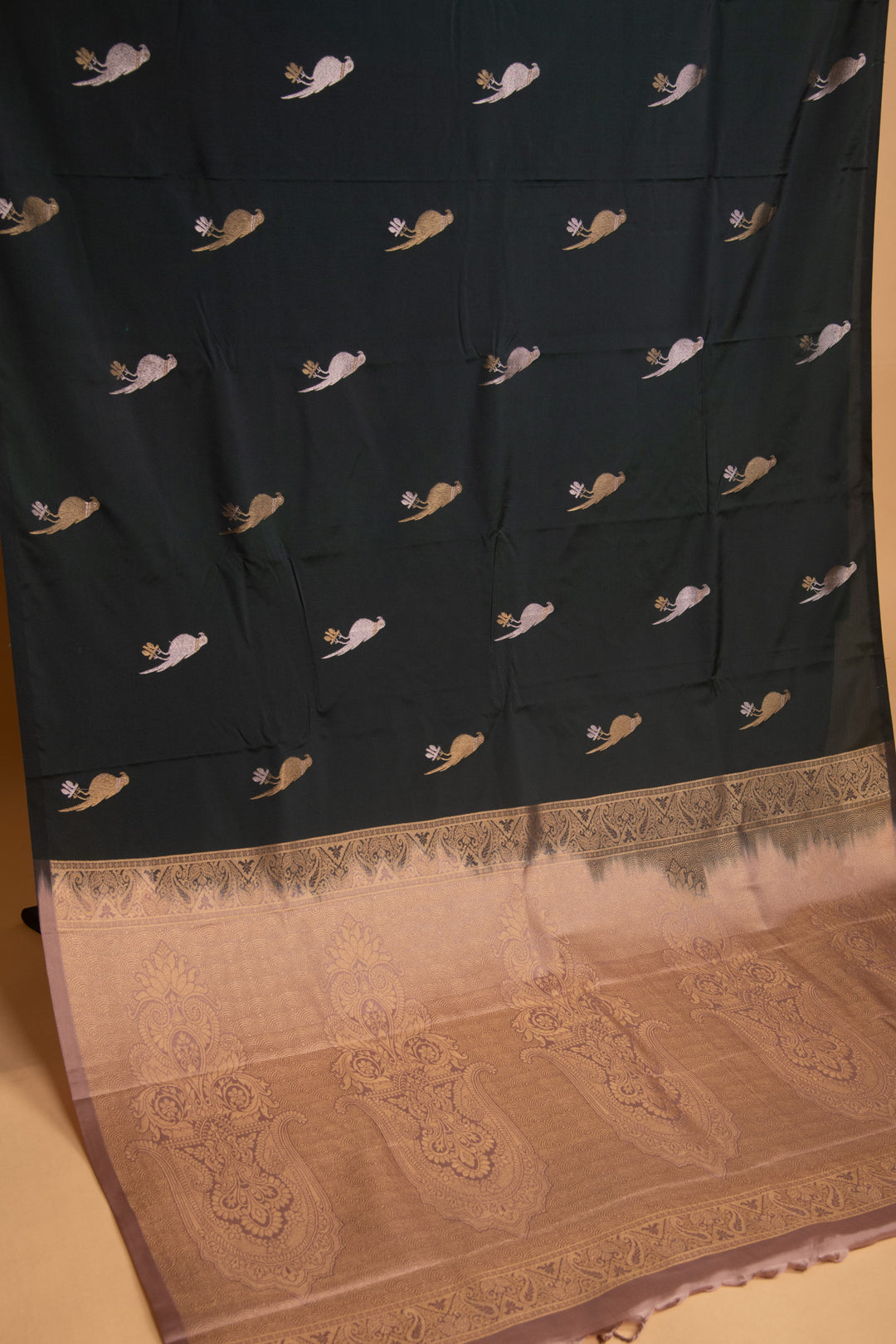 Bottle Green and Rosewood Pink Borderless soft silk saree