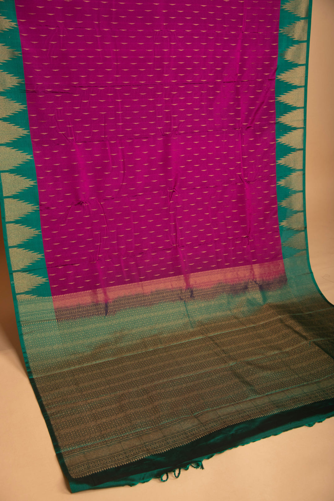 Orchid Purple and Forest Green Temple Border soft silk saree