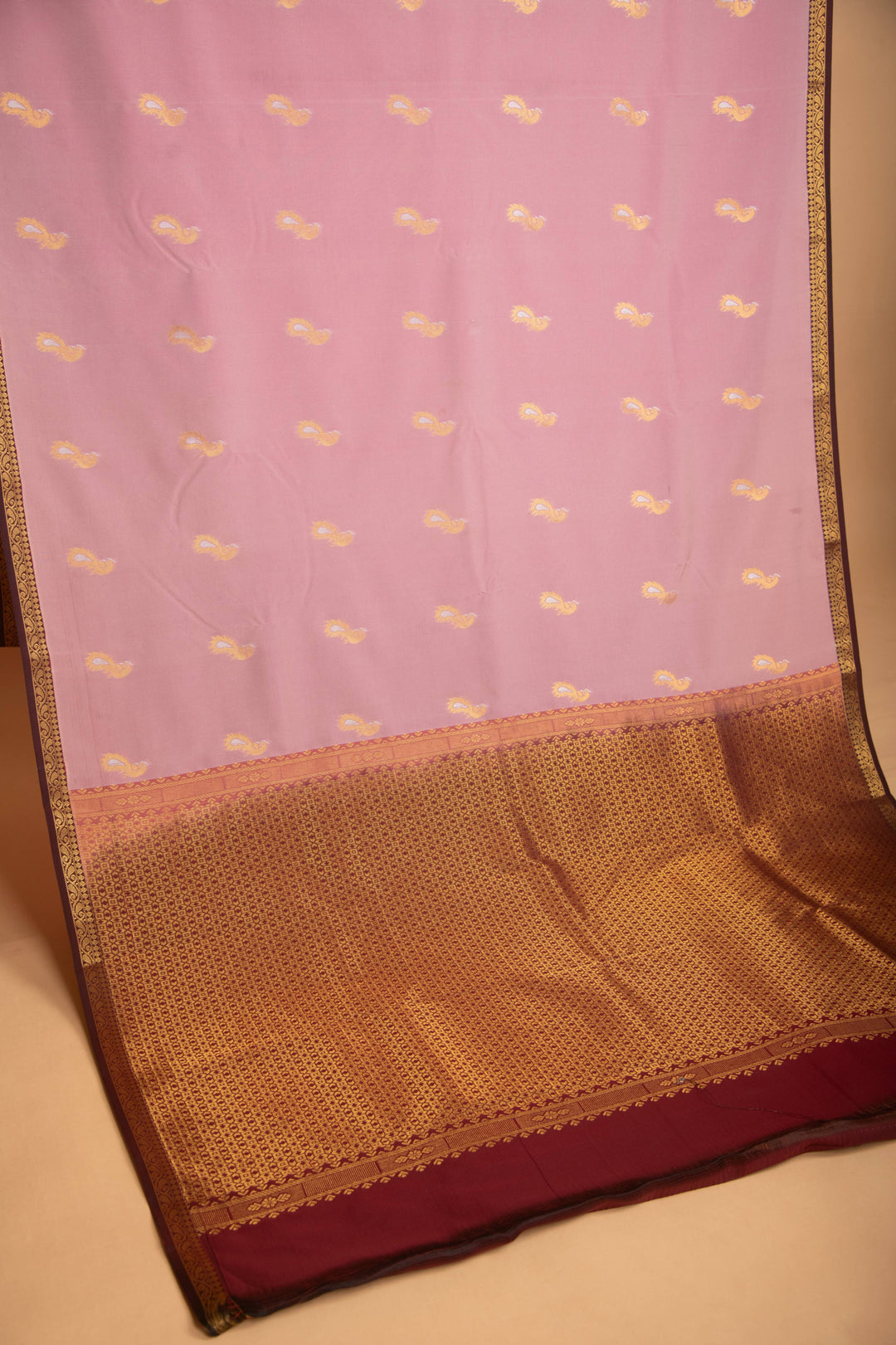 Dusky Pink and Garnet Maroon Small Border semi silk saree