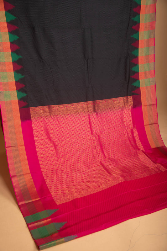 Black and Rani Pink Temple Border semi silk saree