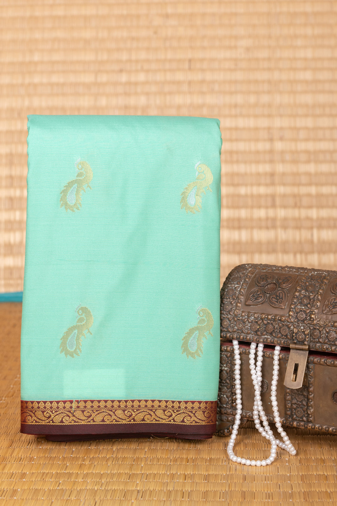 Seafoam Green and Garnet Maroon Small Border semi silk saree