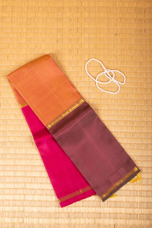 Pink Orange and Maroon  Mubbagam pure kanchi silk saree
