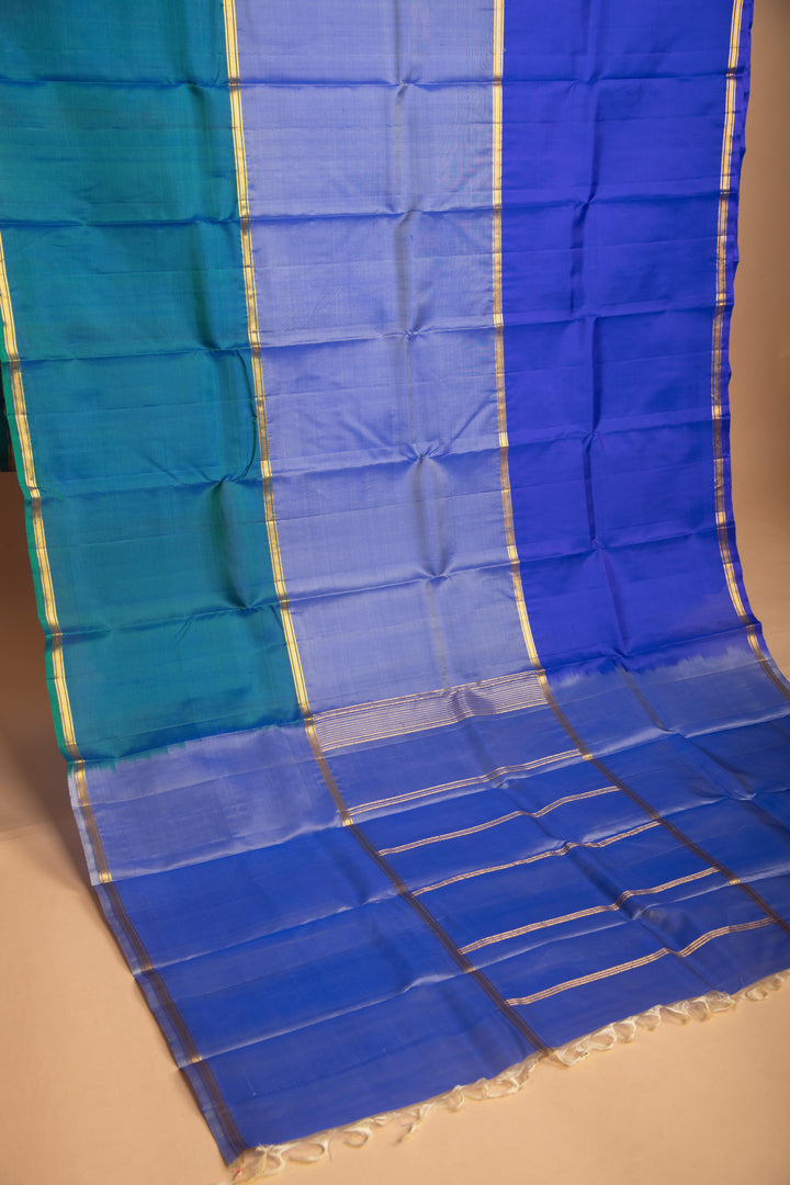 Blue Light Blue and Teal Blue Mubbagam pure kanchi silk saree
