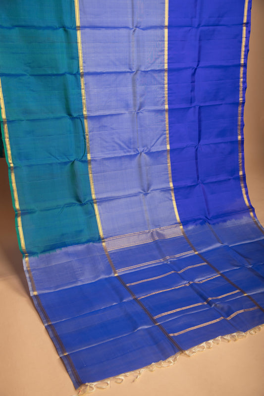 Blue Light Blue and Teal Blue Mubbagam pure kanchi silk saree