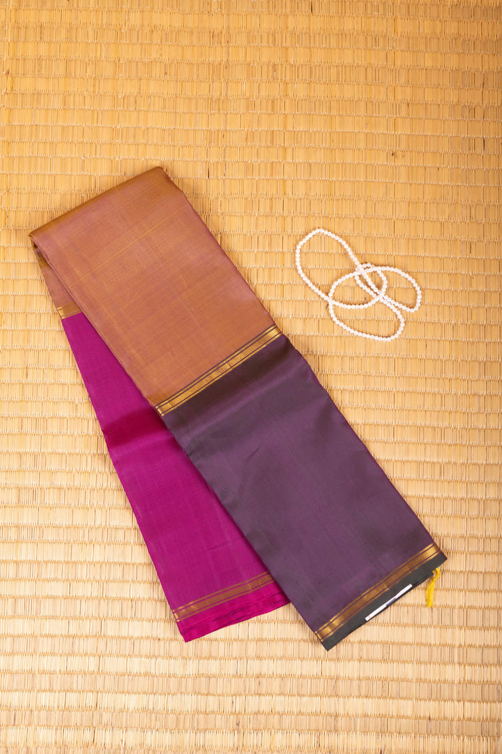 Magenta Orange and Purple Mubbagam pure kanchi silk saree
