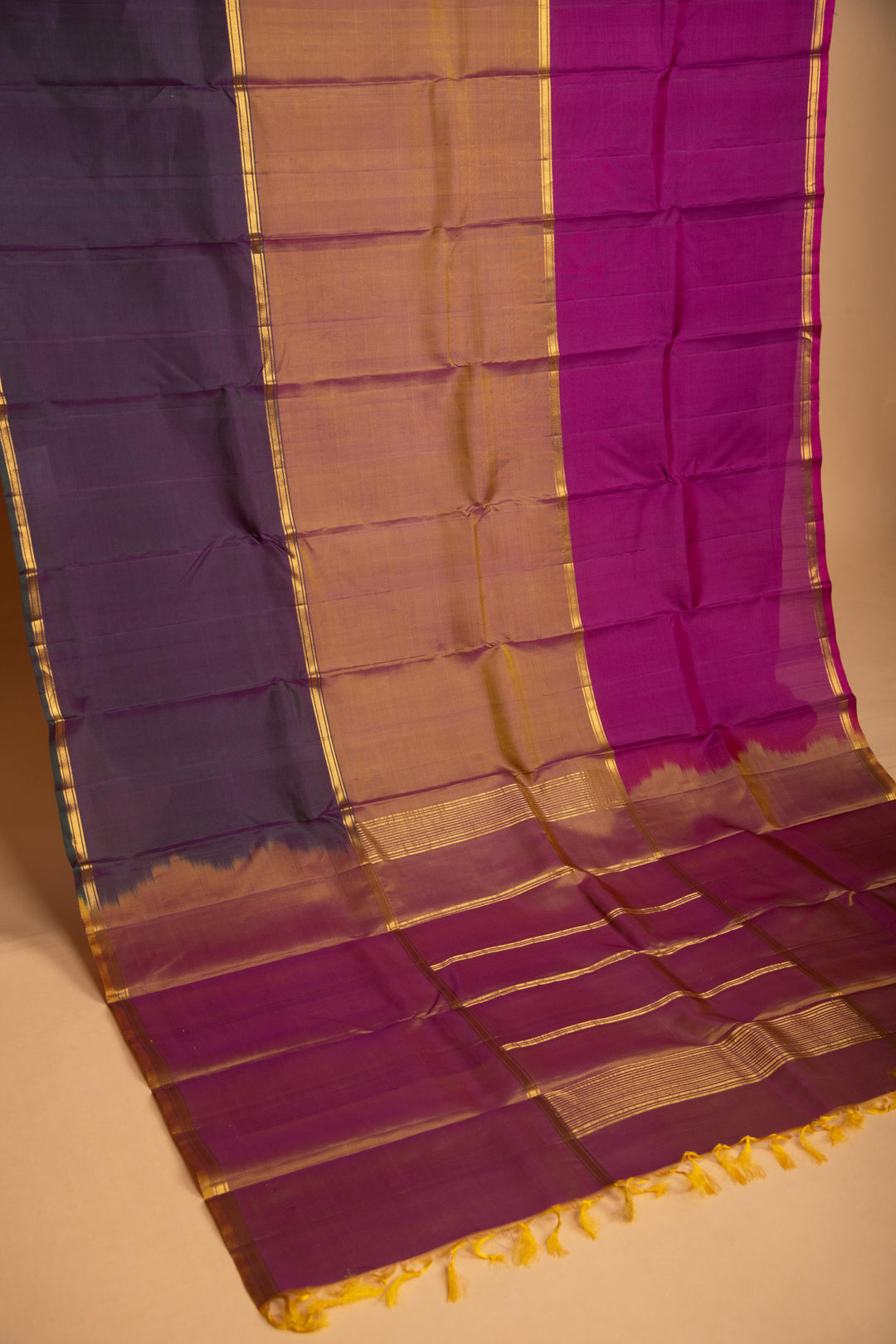 Magenta Orange and Purple Mubbagam pure kanchi silk saree