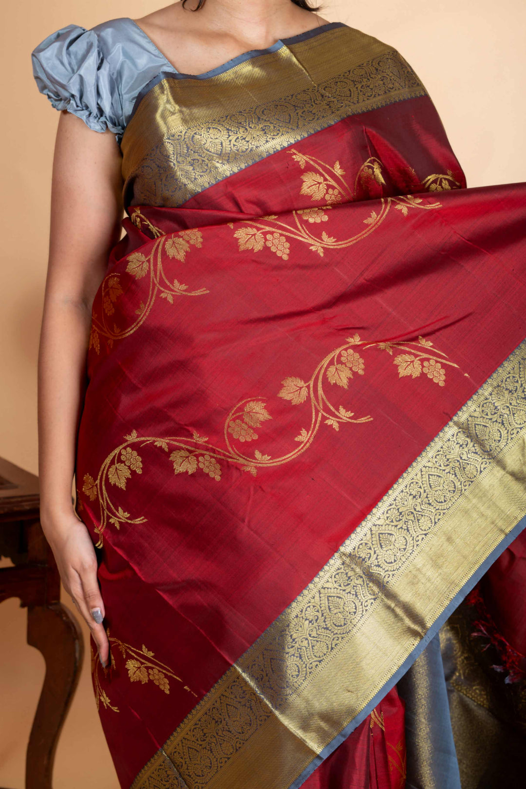 Maroon and grey designer kanjivaram silk saree